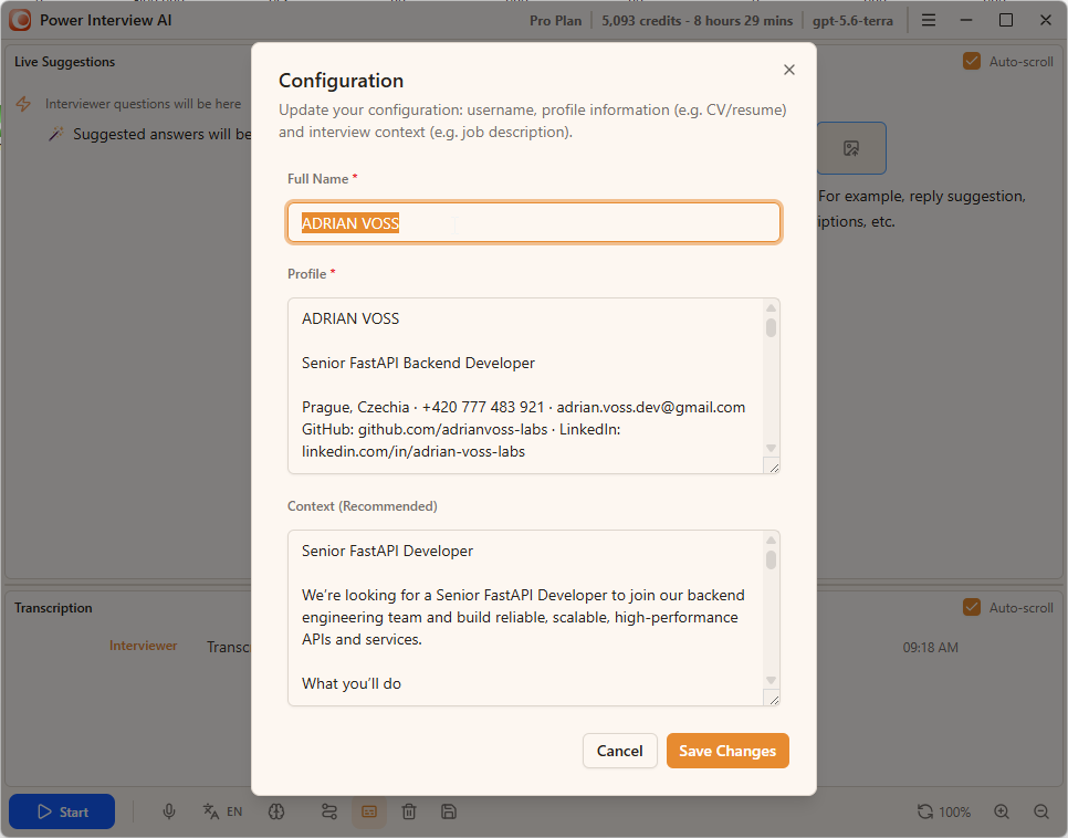 Configuration dialog - name, CV, and job context fields