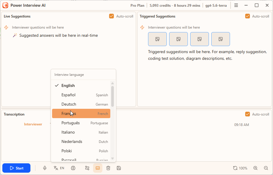 Interview language menu open on the control bar