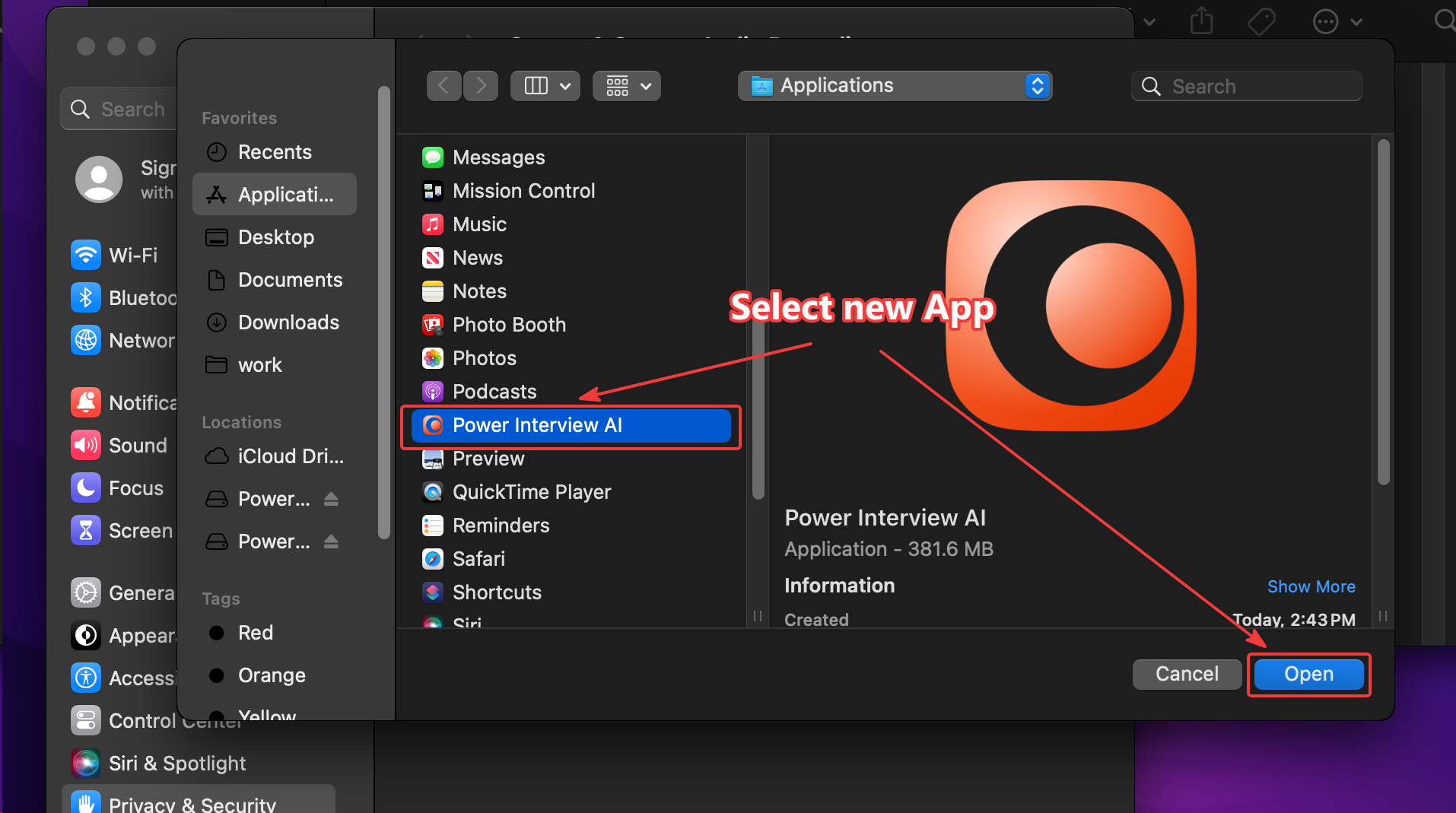 Selecting Power Interview AI from the Applications folder