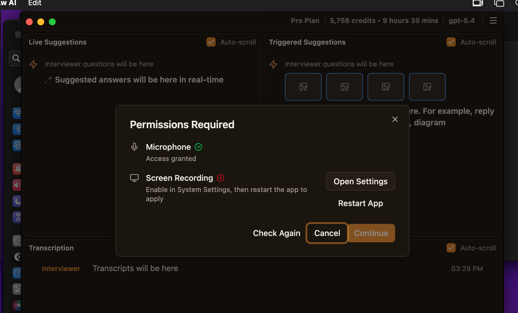Permissions Required dialog showing Screen Recording access denied