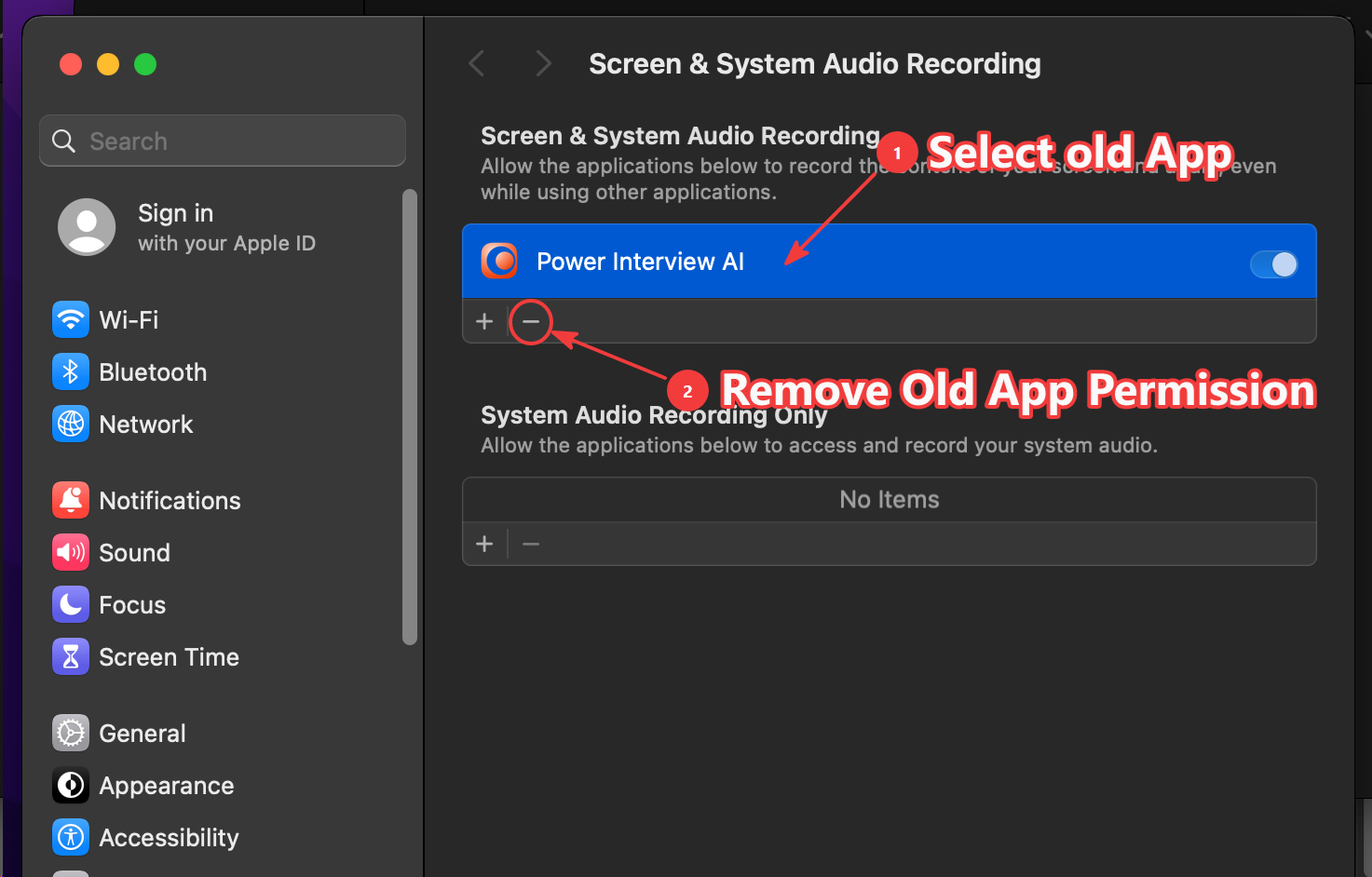 Removing the old Power Interview AI entry from Screen & System Audio Recording